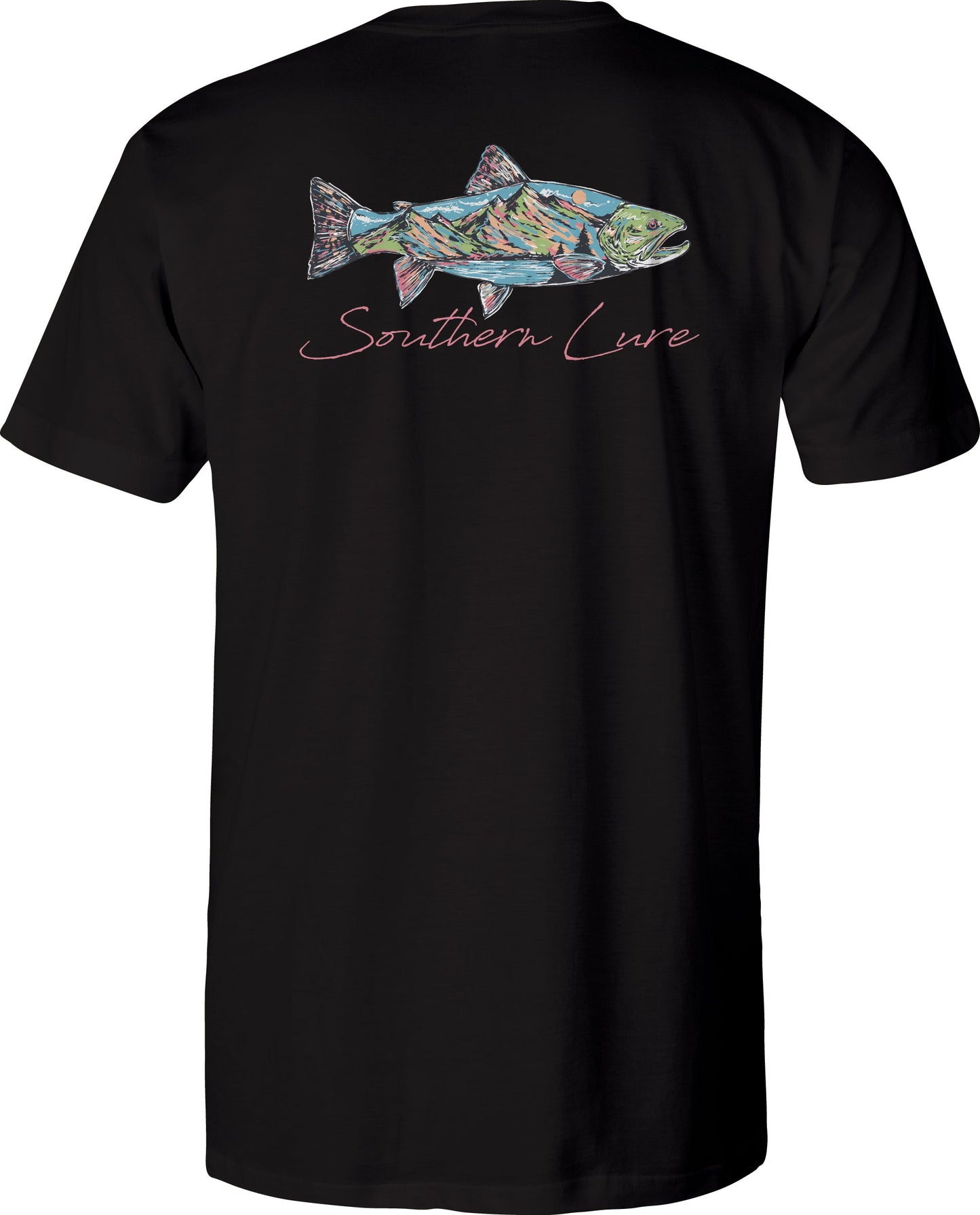 Adult Short Sleeve Tee Trout Scene - Black Wash