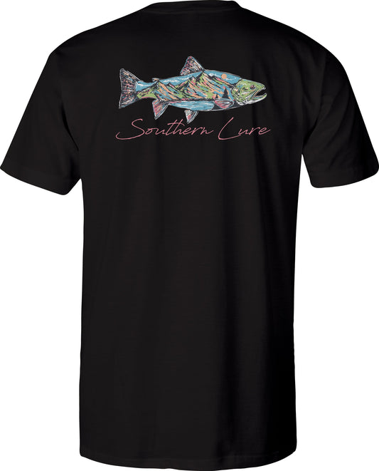 Adult Short Sleeve Tee Trout Scene - Black Wash